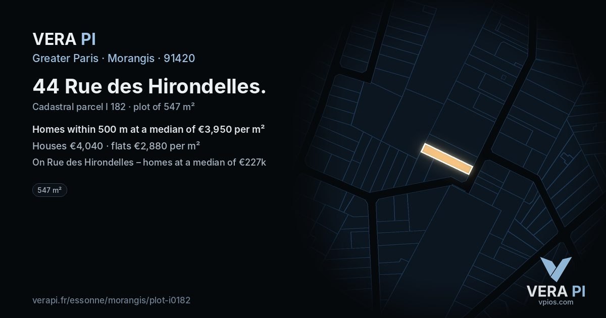 44 Rue des Hirondelles, Morangis at night – the plot lit, the parcels around coloured by the prices near them