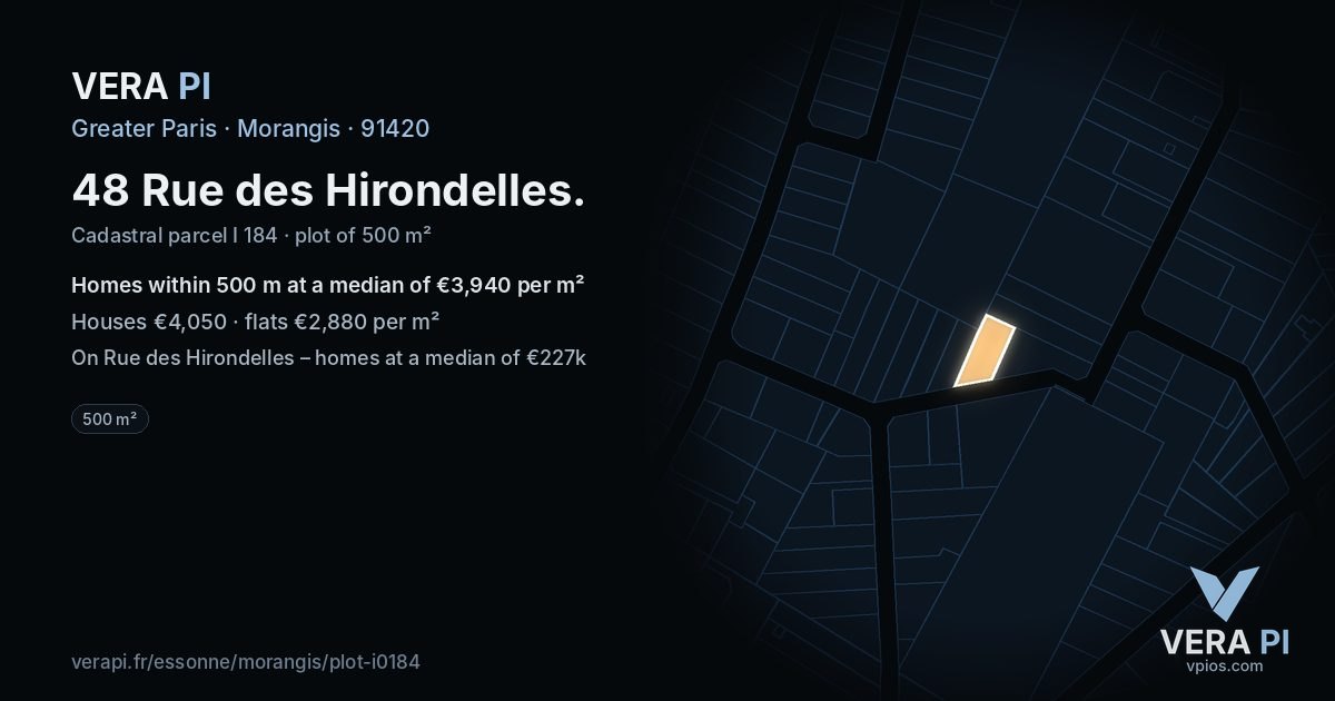 48 Rue des Hirondelles, Morangis at night – the plot lit, the parcels around coloured by the prices near them