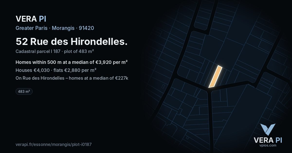52 Rue des Hirondelles, Morangis at night – the plot lit, the parcels around coloured by the prices near them