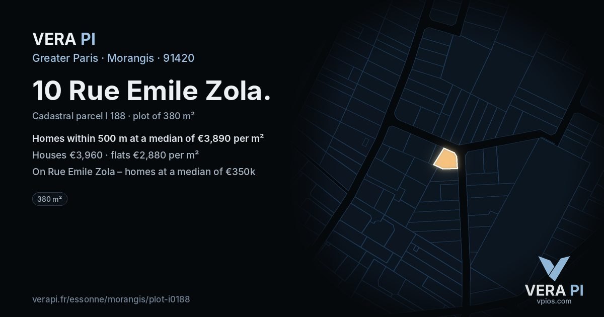 10 Rue Emile Zola, Morangis at night – the plot lit, the parcels around coloured by the prices near them