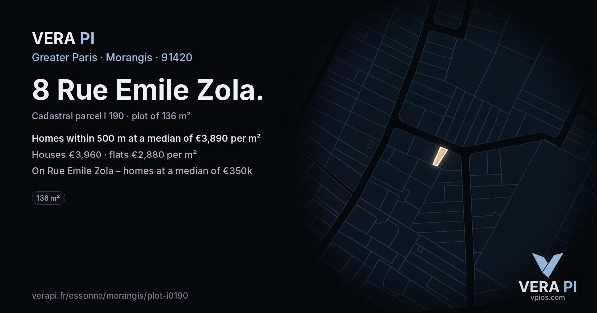 8 Rue Emile Zola, Morangis at night – the plot lit, the parcels around coloured by the prices near them