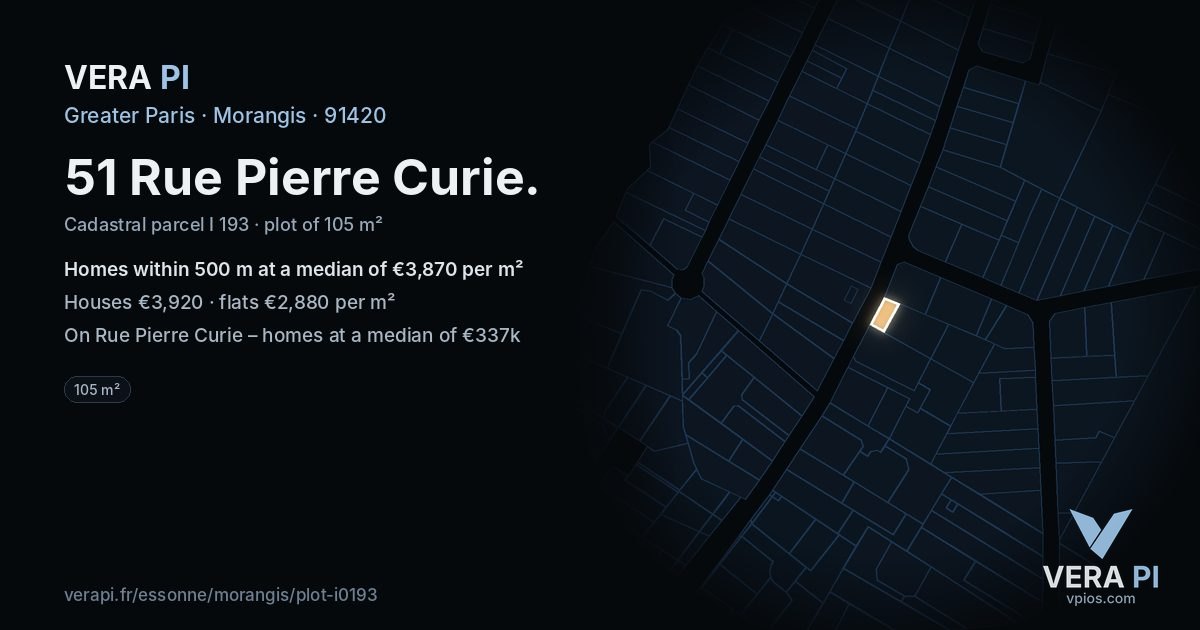 51 Rue Pierre Curie, Morangis at night – the plot lit, the parcels around coloured by the prices near them