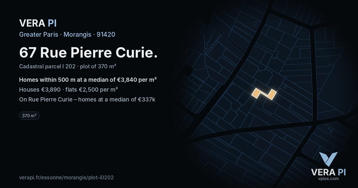 67 Rue Pierre Curie, Morangis at night – the plot lit, the parcels around coloured by the prices near them