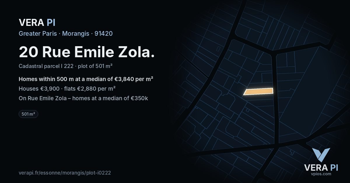 20 Rue Emile Zola, Morangis at night – the plot lit, the parcels around coloured by the prices near them