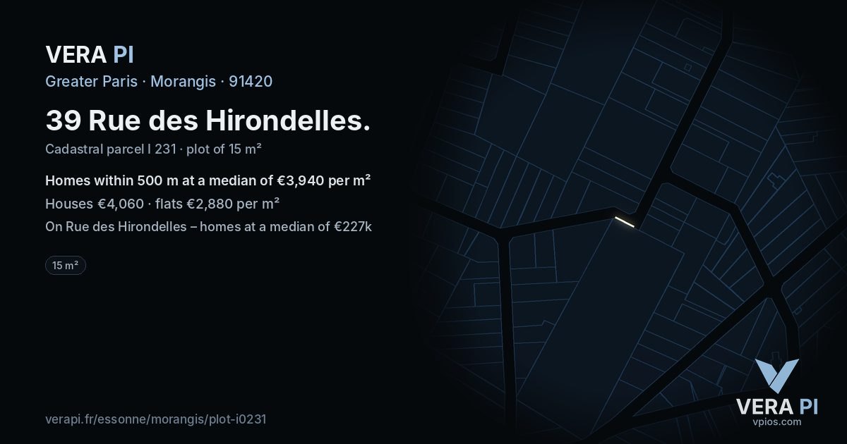 39 Rue des Hirondelles, Morangis at night – the plot lit, the parcels around coloured by the prices near them