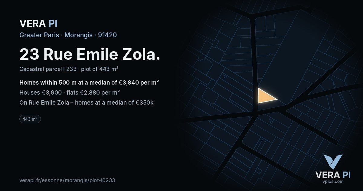 23 Rue Emile Zola, Morangis at night – the plot lit, the parcels around coloured by the prices near them