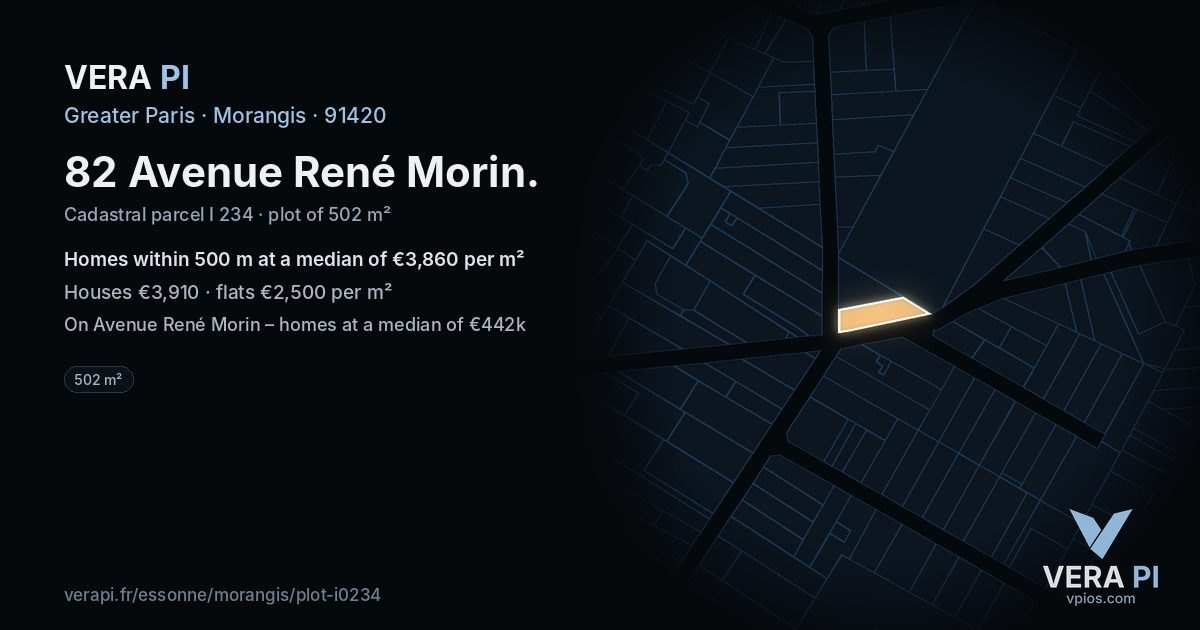 82 Avenue René Morin, Morangis at night – the plot lit, the parcels around coloured by the prices near them