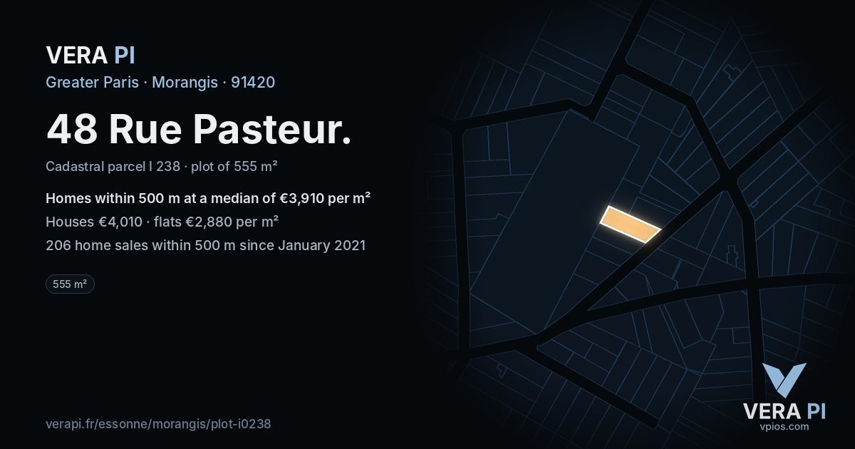 48 Rue Pasteur, Morangis at night – the plot lit, the parcels around coloured by the prices near them