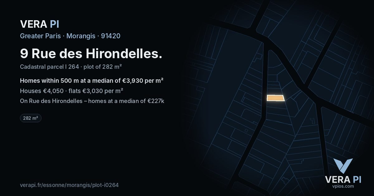 9 Rue des Hirondelles, Morangis at night – the plot lit, the parcels around coloured by the prices near them