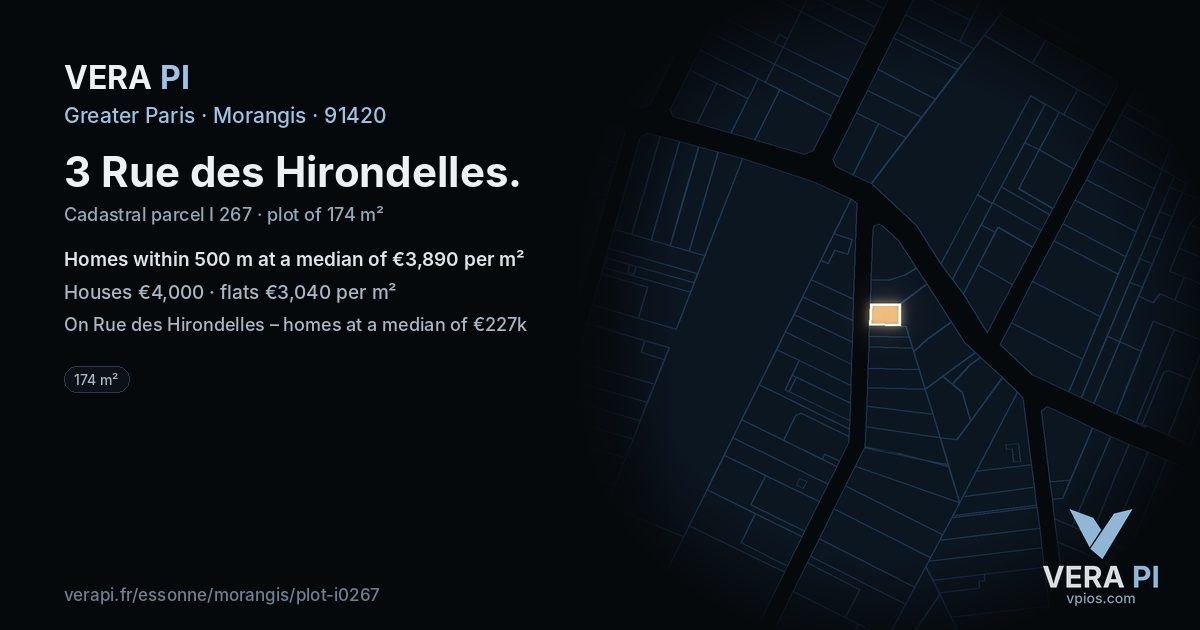 3 Rue des Hirondelles, Morangis at night – the plot lit, the parcels around coloured by the prices near them