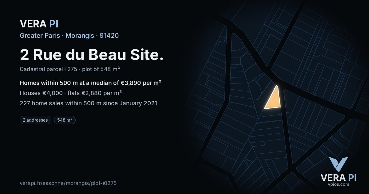 2 Rue du Beau Site, Morangis at night – the plot lit, the parcels around coloured by the prices near them