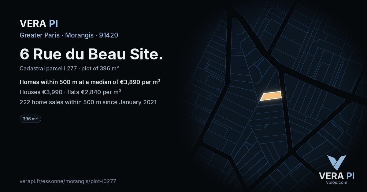6 Rue du Beau Site, Morangis at night – the plot lit, the parcels around coloured by the prices near them