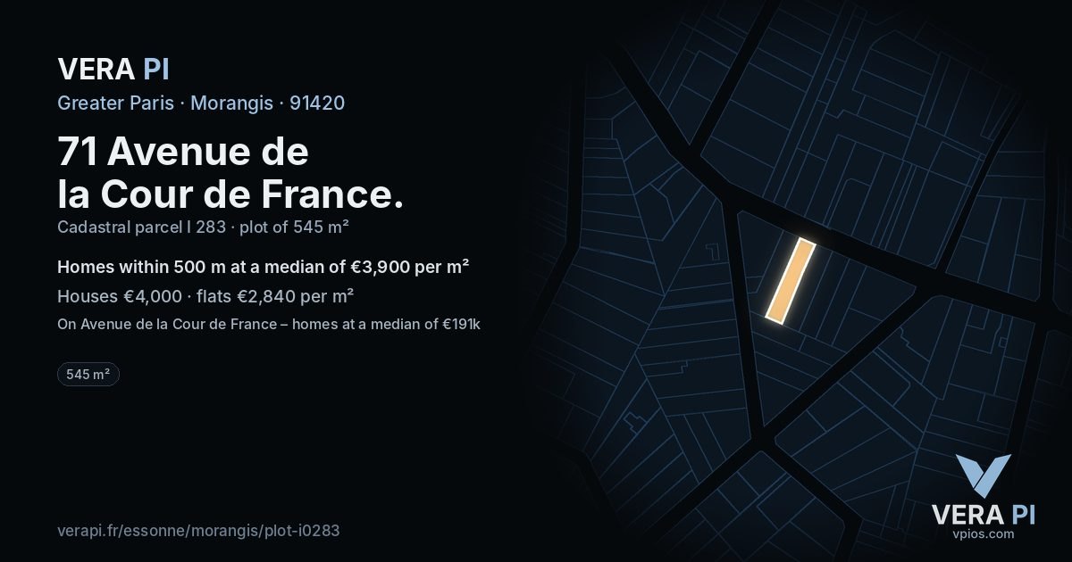71 Avenue de la Cour de France, Morangis at night – the plot lit, the parcels around coloured by the prices near them