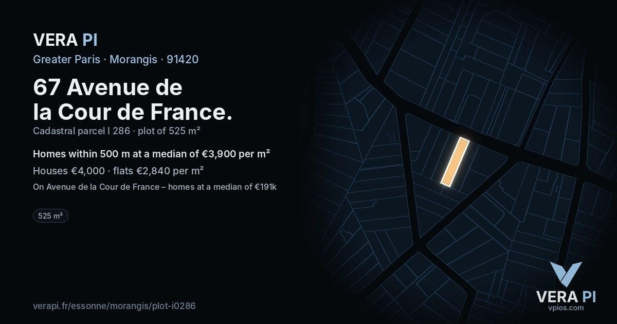 67 Avenue de la Cour de France, Morangis at night – the plot lit, the parcels around coloured by the prices near them