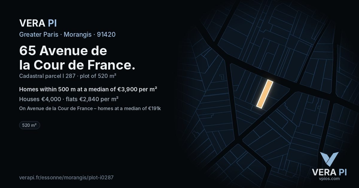 65 Avenue de la Cour de France, Morangis at night – the plot lit, the parcels around coloured by the prices near them
