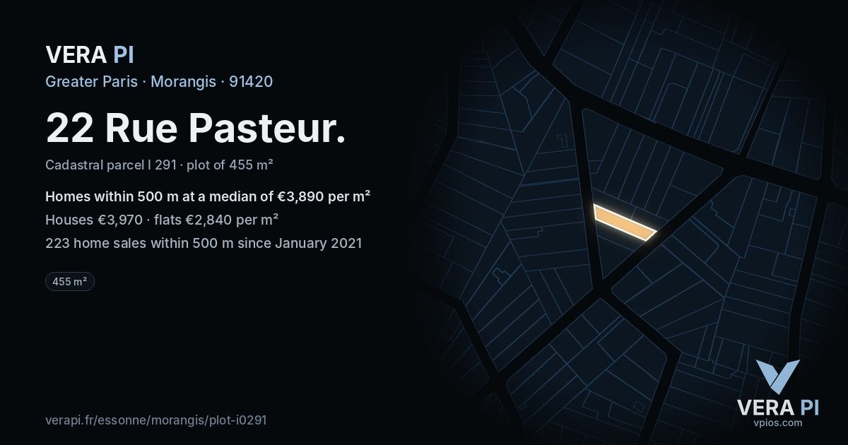 22 Rue Pasteur, Morangis at night – the plot lit, the parcels around coloured by the prices near them