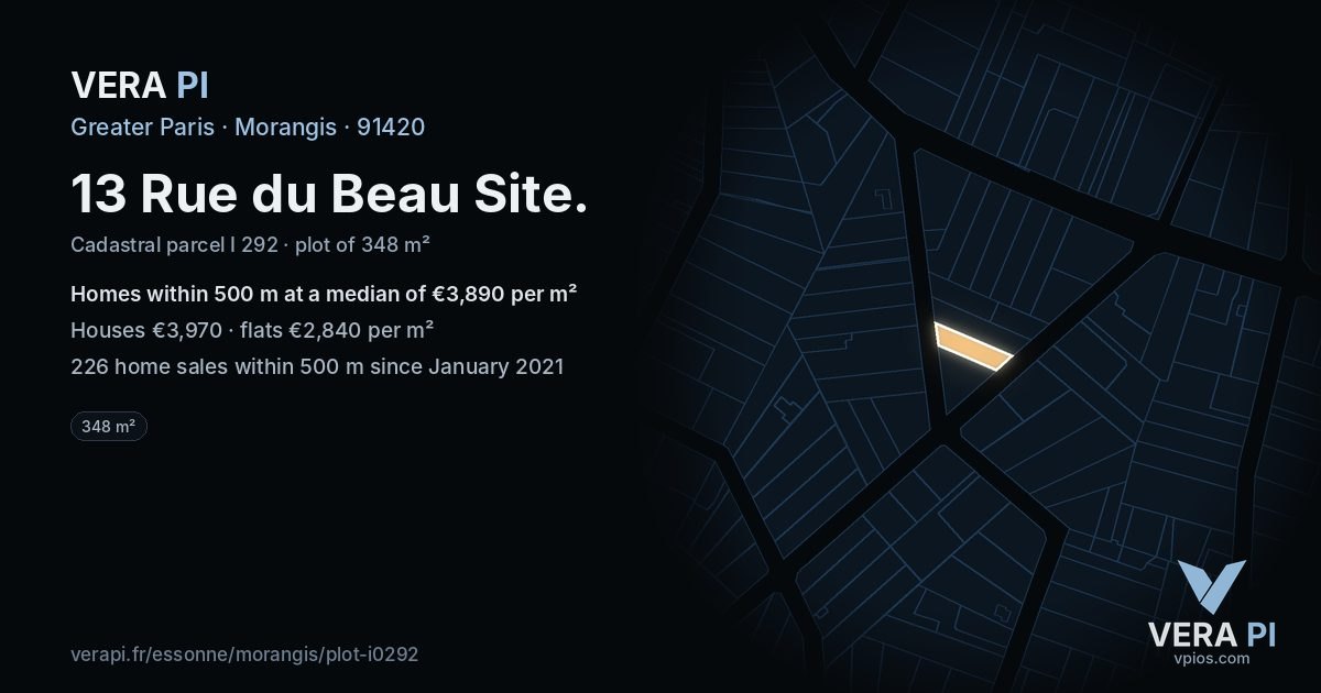13 Rue du Beau Site, Morangis at night – the plot lit, the parcels around coloured by the prices near them