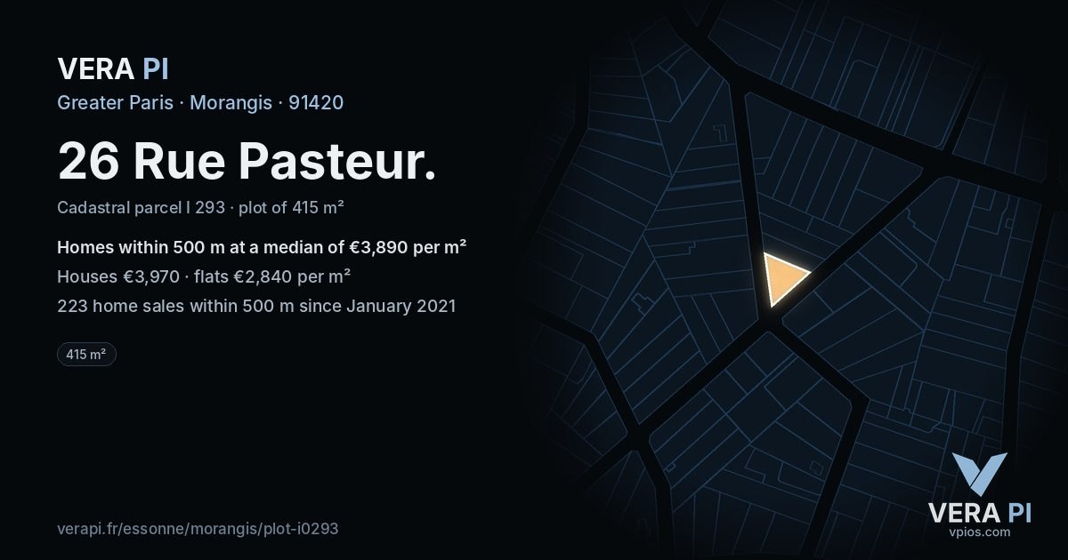 26 Rue Pasteur, Morangis at night – the plot lit, the parcels around coloured by the prices near them