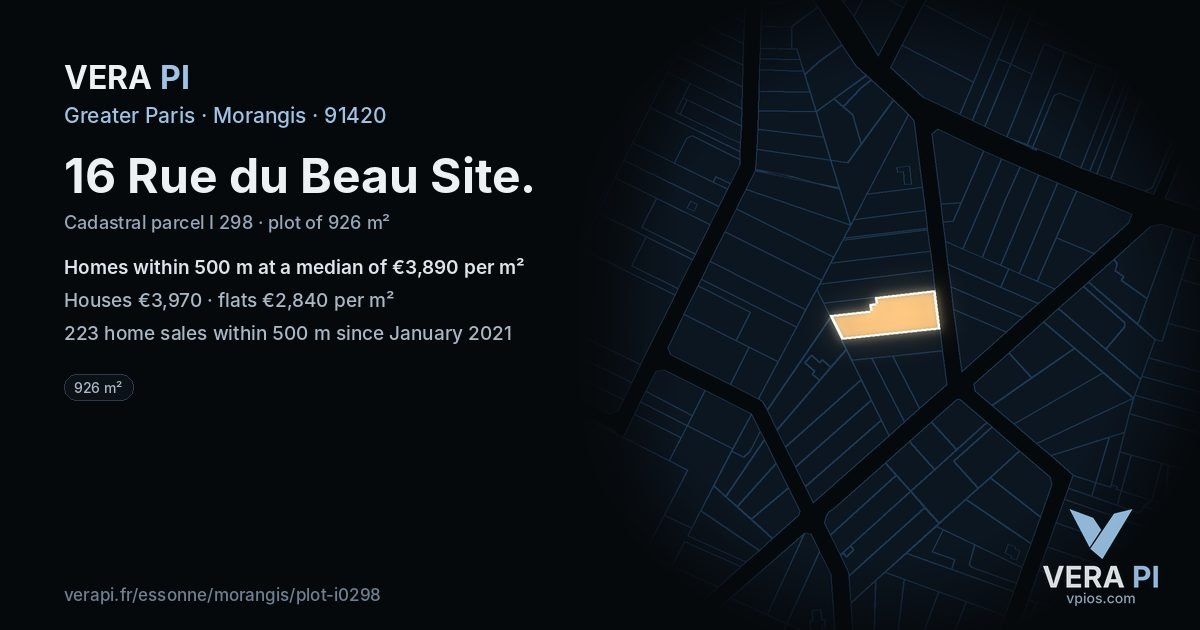 16 Rue du Beau Site, Morangis at night – the plot lit, the parcels around coloured by the prices near them