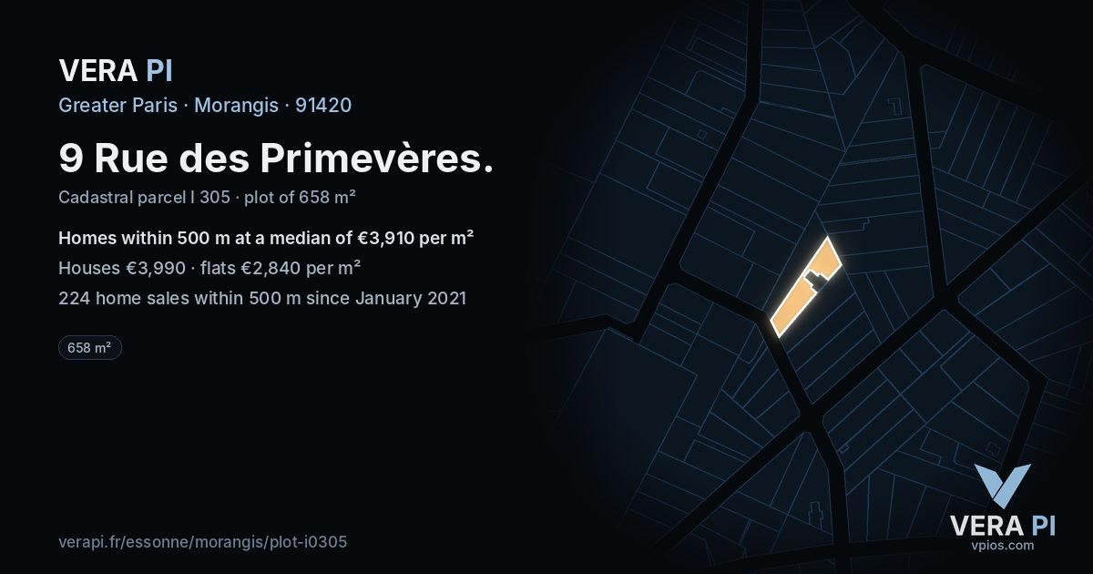 9 Rue des Primevères, Morangis at night – the plot lit, the parcels around coloured by the prices near them
