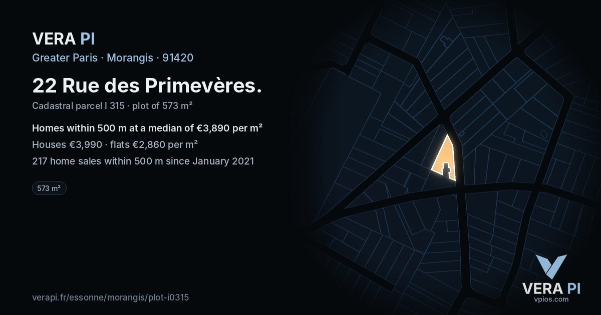 22 Rue des Primevères, Morangis at night – the plot lit, the parcels around coloured by the prices near them