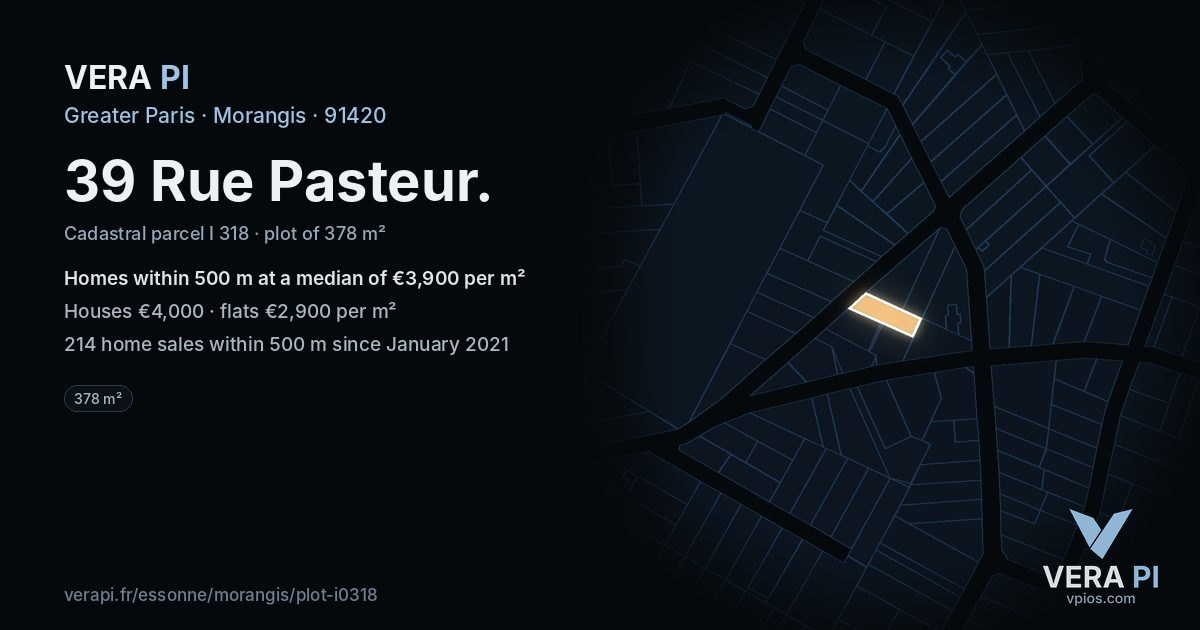 39 Rue Pasteur, Morangis at night – the plot lit, the parcels around coloured by the prices near them