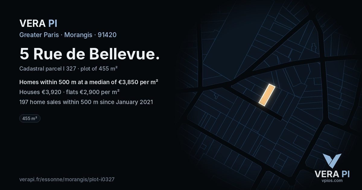 5 Rue de Bellevue, Morangis at night – the plot lit, the parcels around coloured by the prices near them