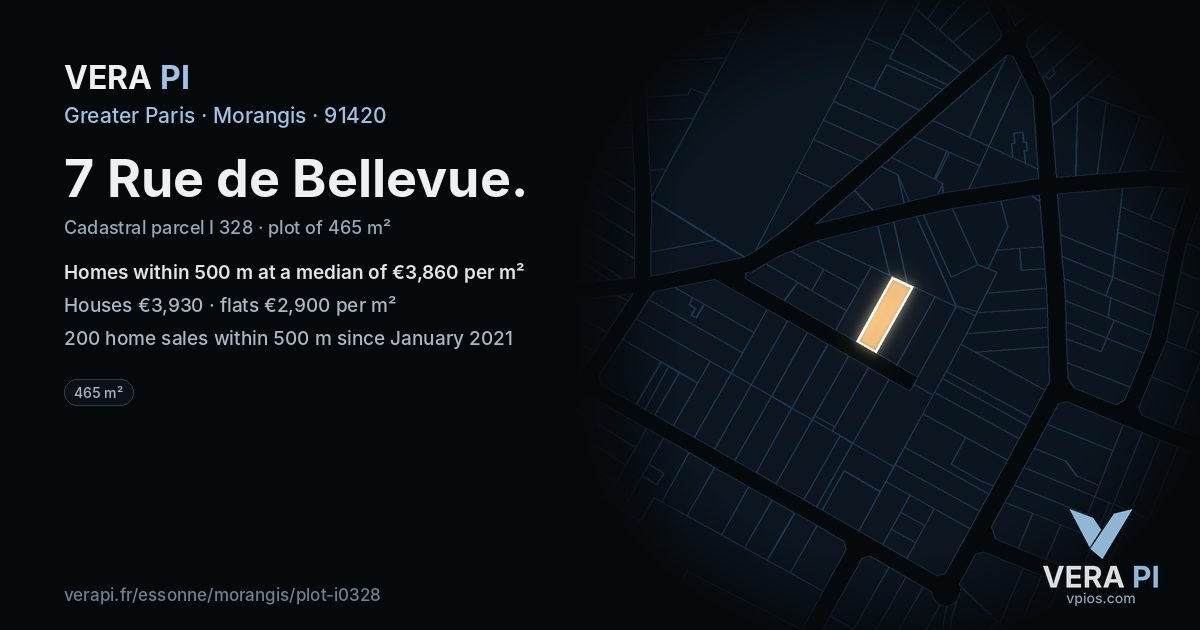 7 Rue de Bellevue, Morangis at night – the plot lit, the parcels around coloured by the prices near them