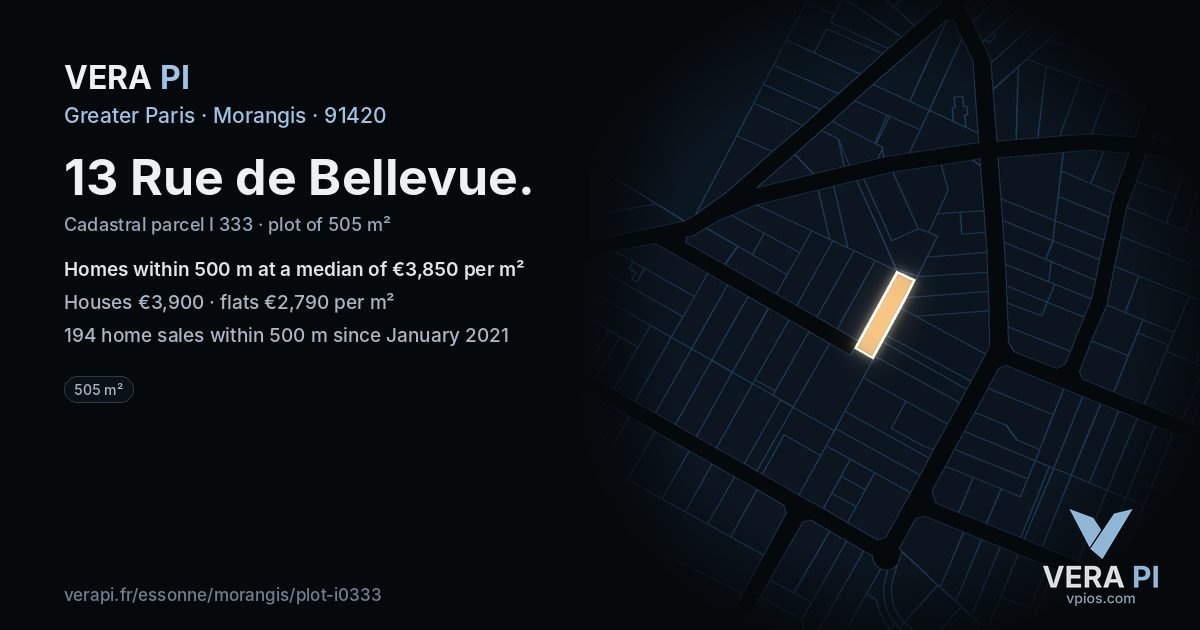 13 Rue de Bellevue, Morangis at night – the plot lit, the parcels around coloured by the prices near them