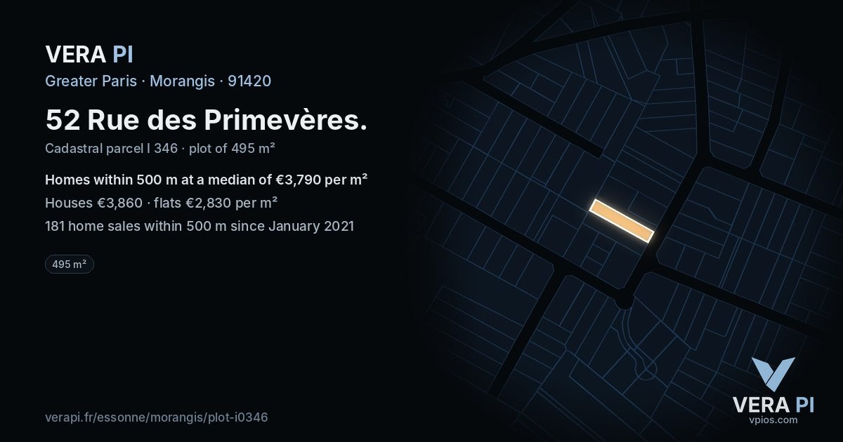 52 Rue des Primevères, Morangis at night – the plot lit, the parcels around coloured by the prices near them
