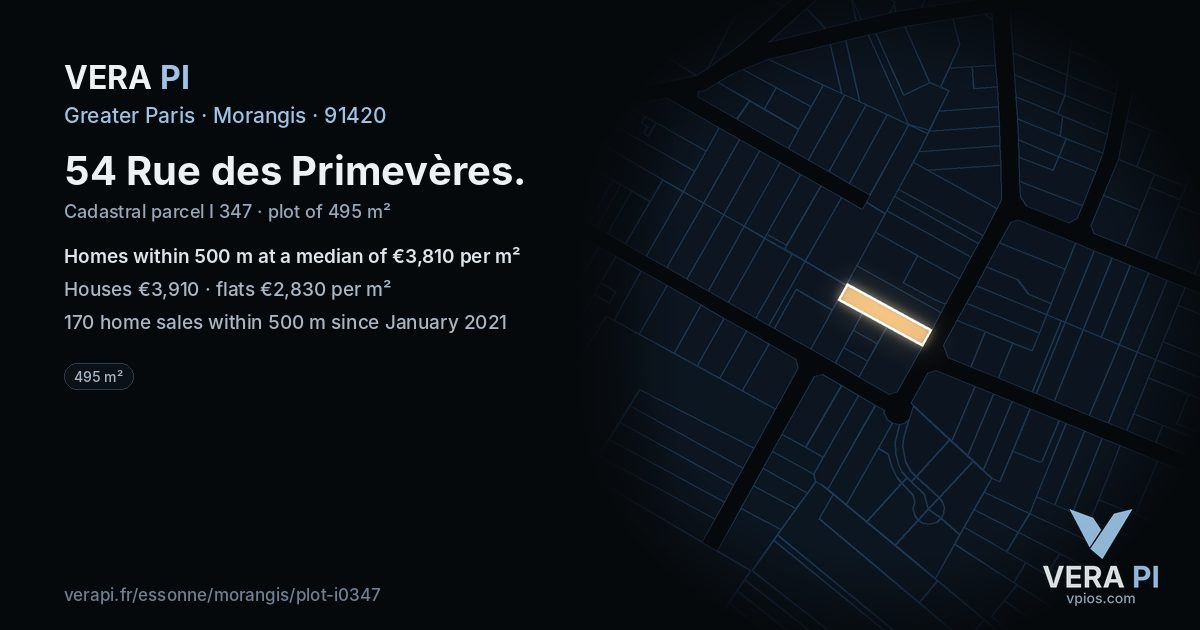 54 Rue des Primevères, Morangis at night – the plot lit, the parcels around coloured by the prices near them