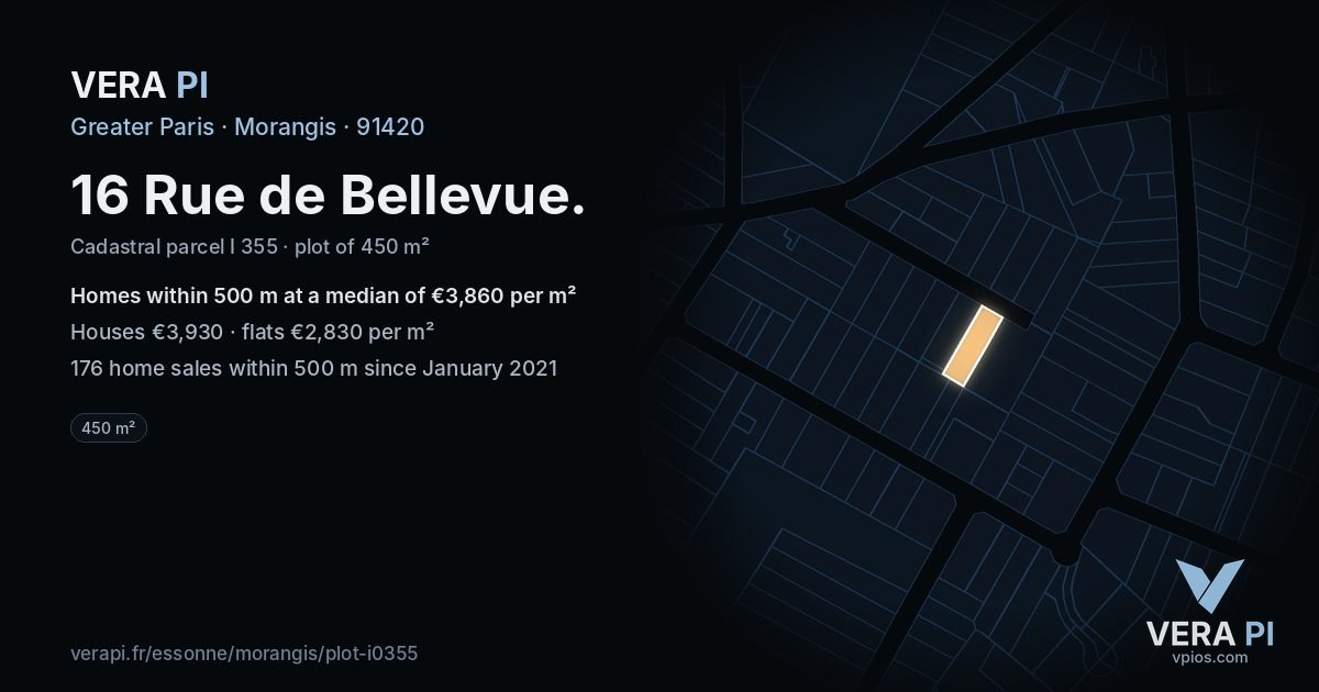 16 Rue de Bellevue, Morangis at night – the plot lit, the parcels around coloured by the prices near them