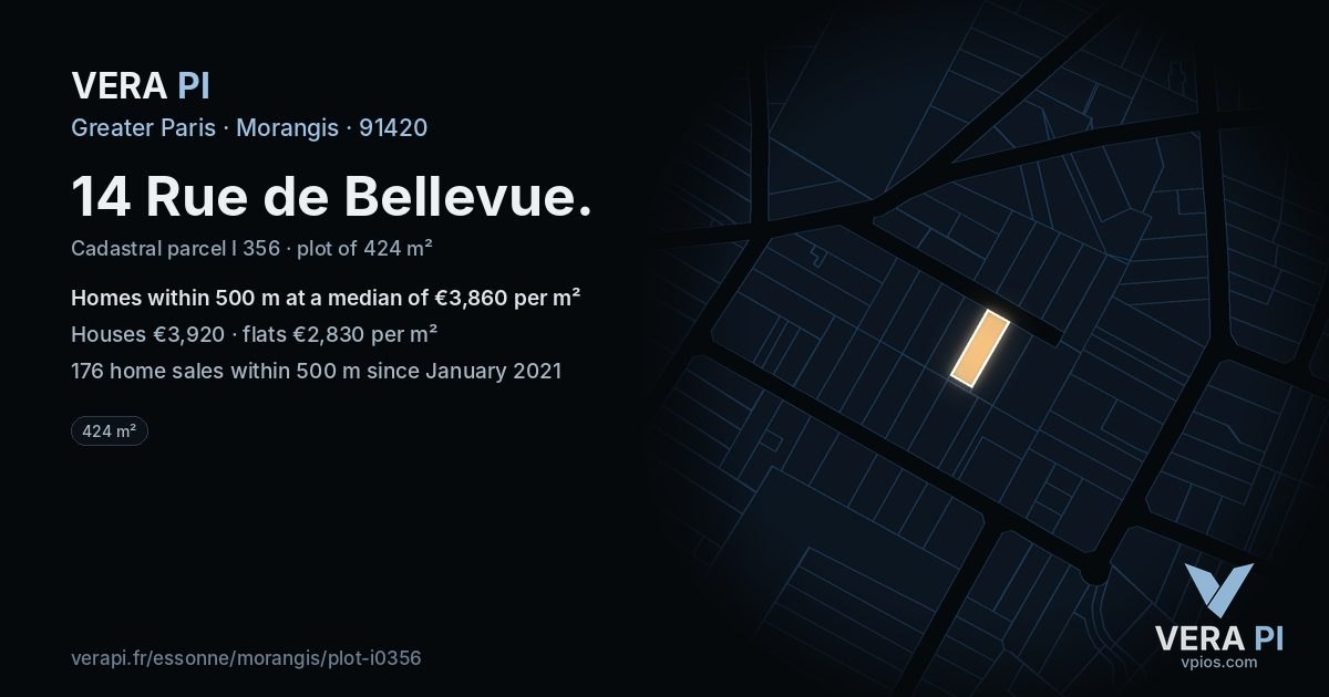 14 Rue de Bellevue, Morangis at night – the plot lit, the parcels around coloured by the prices near them