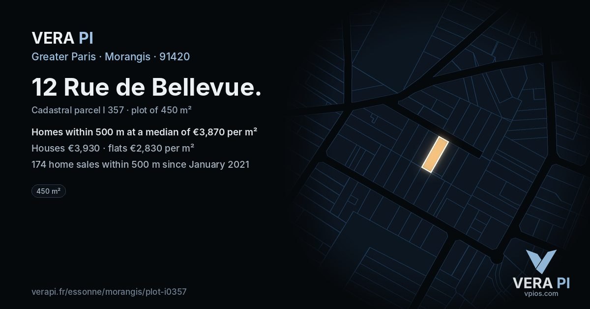 12 Rue de Bellevue, Morangis at night – the plot lit, the parcels around coloured by the prices near them