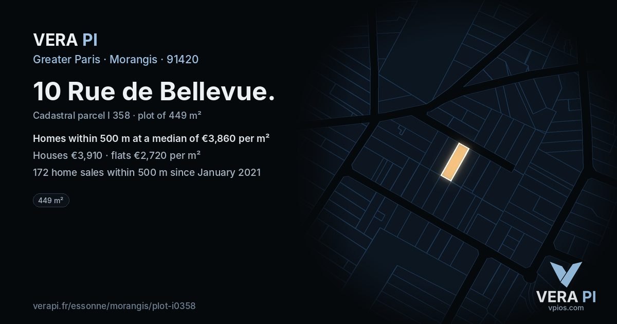 10 Rue de Bellevue, Morangis at night – the plot lit, the parcels around coloured by the prices near them
