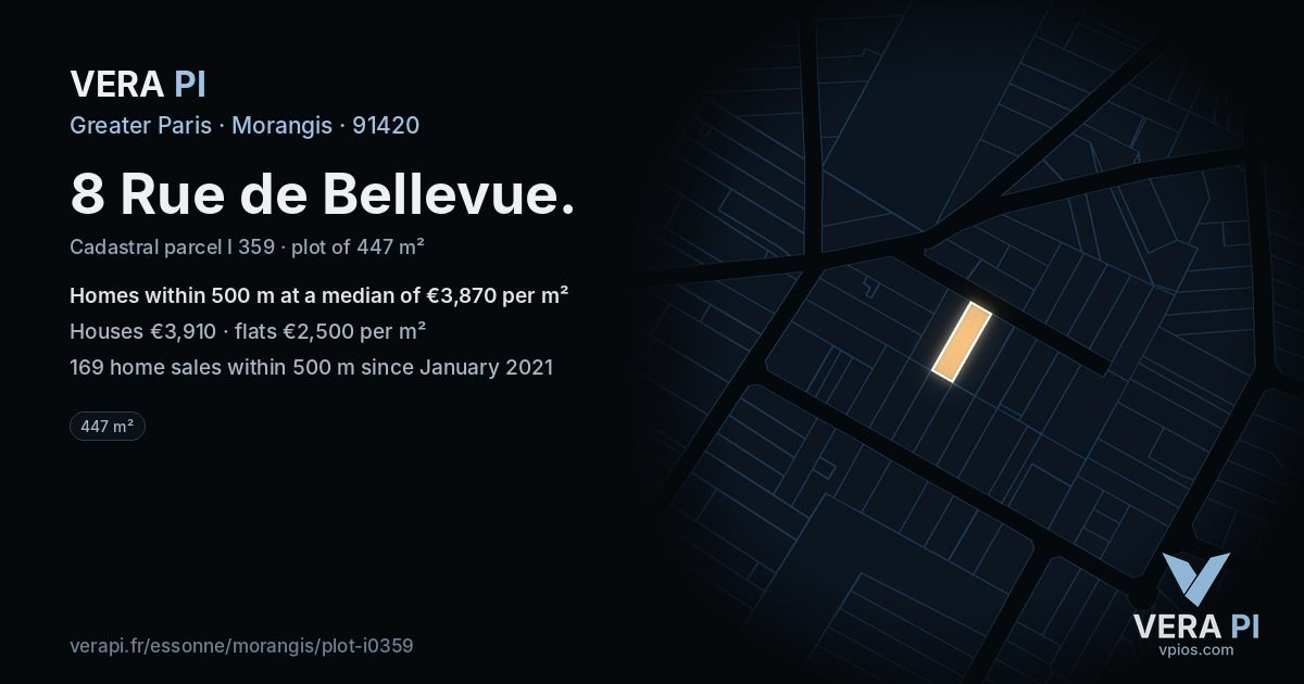8 Rue de Bellevue, Morangis at night – the plot lit, the parcels around coloured by the prices near them
