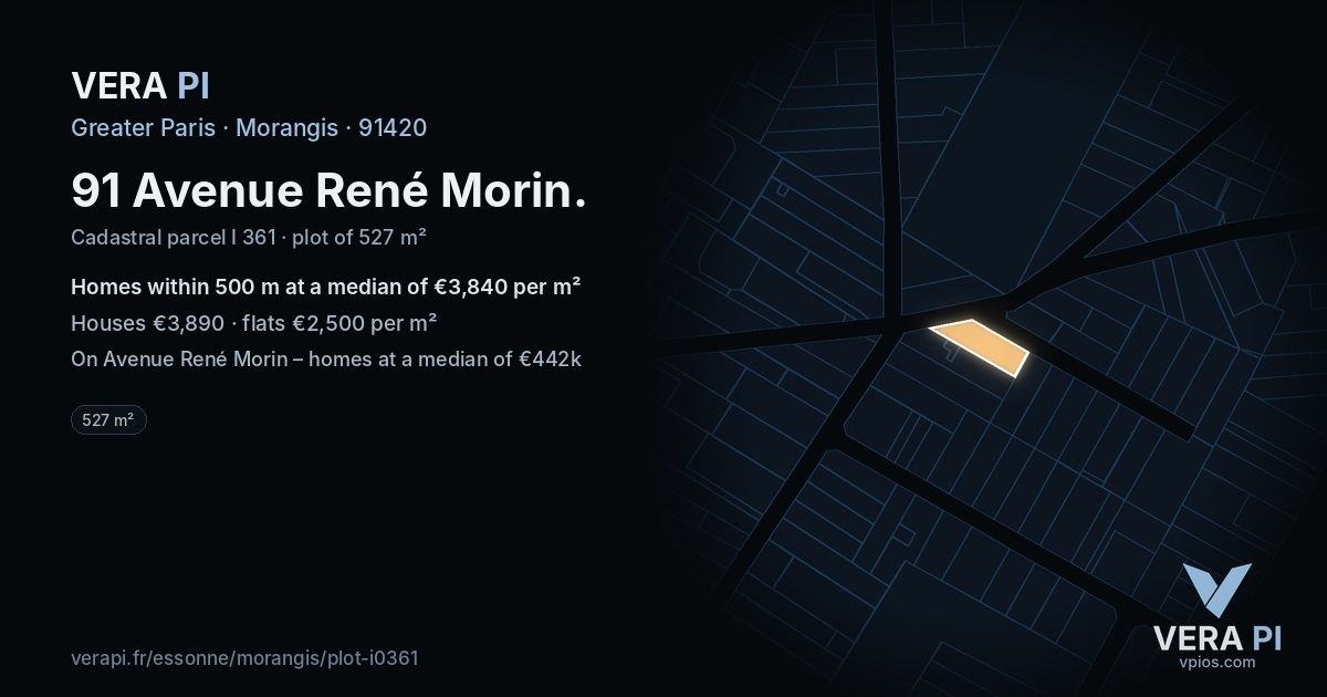 91 Avenue René Morin, Morangis at night – the plot lit, the parcels around coloured by the prices near them