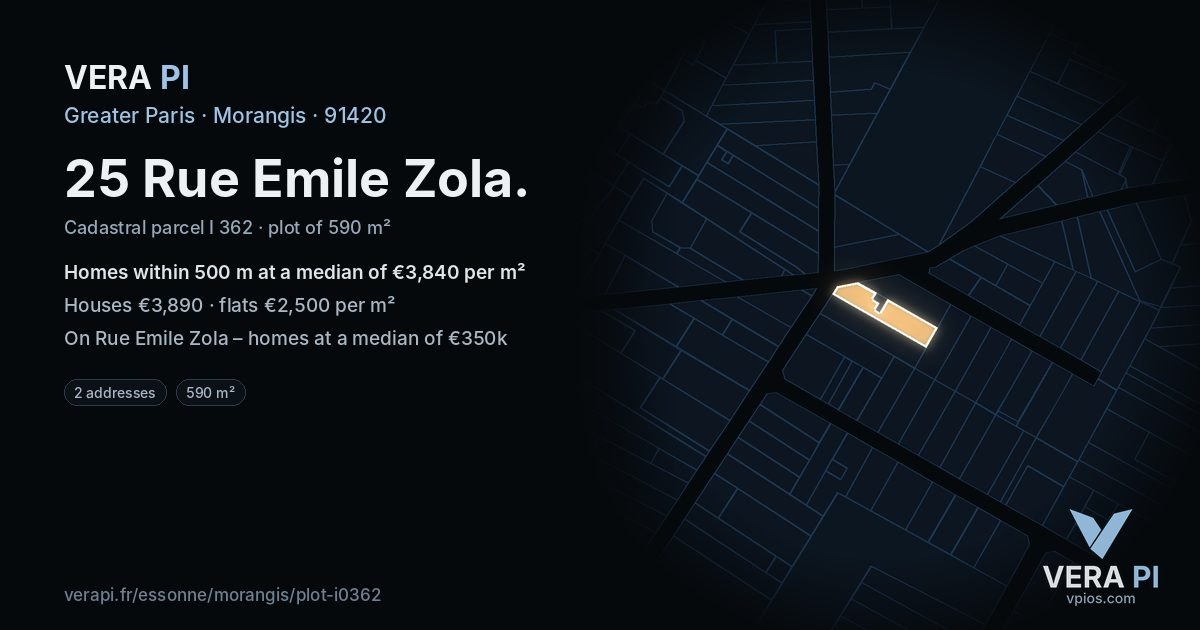 25 Rue Emile Zola, Morangis at night – the plot lit, the parcels around coloured by the prices near them