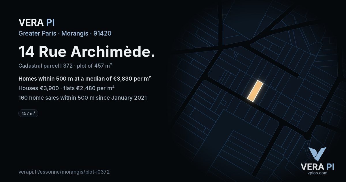 14 Rue Archimède, Morangis at night – the plot lit, the parcels around coloured by the prices near them