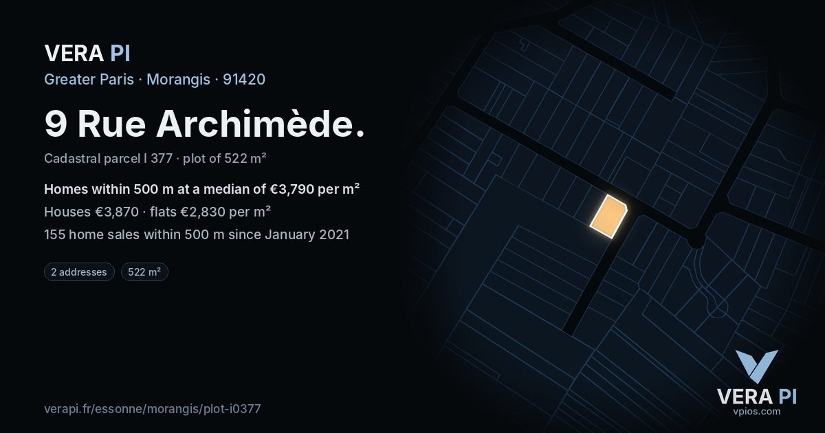 9 Rue Archimède, Morangis at night – the plot lit, the parcels around coloured by the prices near them