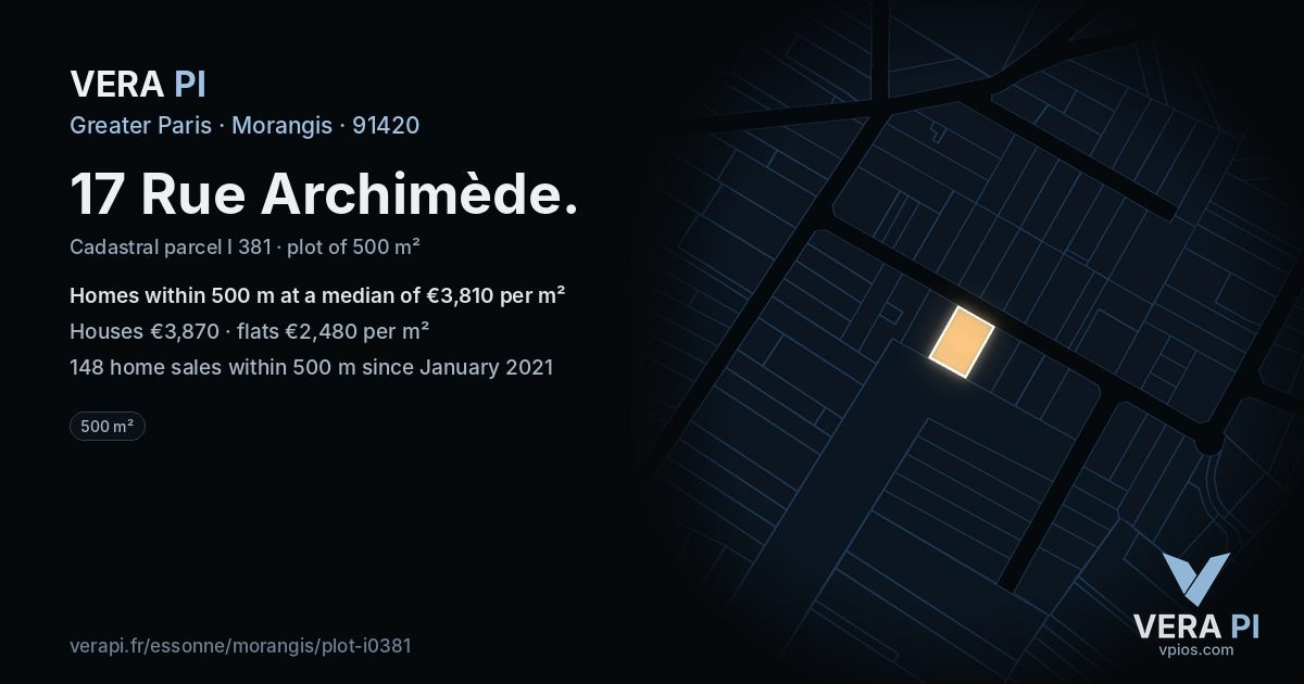 17 Rue Archimède, Morangis at night – the plot lit, the parcels around coloured by the prices near them