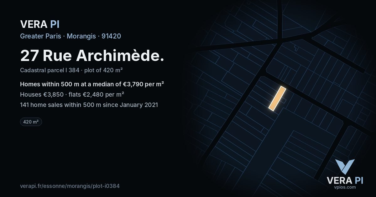 27 Rue Archimède, Morangis at night – the plot lit, the parcels around coloured by the prices near them