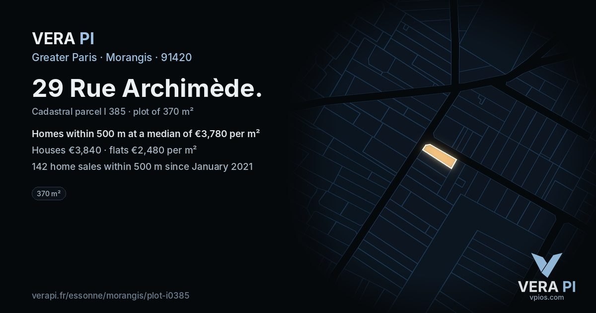 29 Rue Archimède, Morangis at night – the plot lit, the parcels around coloured by the prices near them