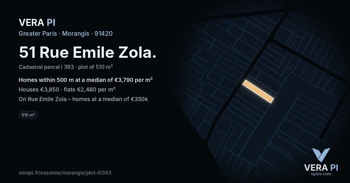 51 Rue Emile Zola, Morangis at night – the plot lit, the parcels around coloured by the prices near them