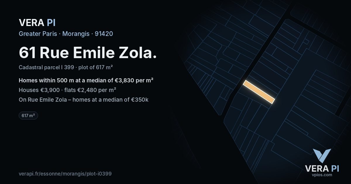 61 Rue Emile Zola, Morangis at night – the plot lit, the parcels around coloured by the prices near them