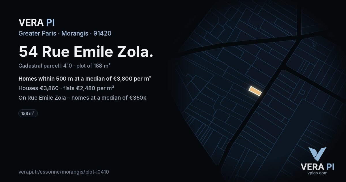 54 Rue Emile Zola, Morangis at night – the plot lit, the parcels around coloured by the prices near them