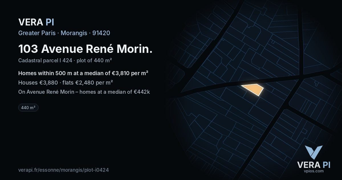 103 Avenue René Morin, Morangis at night – the plot lit, the parcels around coloured by the prices near them