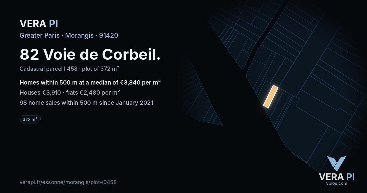 82 Voie de Corbeil, Morangis at night – the plot lit, the parcels around coloured by the prices near them