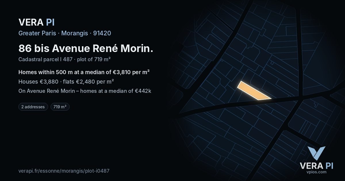 86 bis Avenue René Morin, Morangis at night – the plot lit, the parcels around coloured by the prices near them