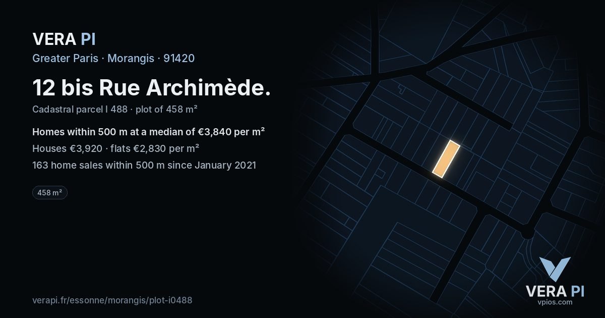12 bis Rue Archimède, Morangis at night – the plot lit, the parcels around coloured by the prices near them